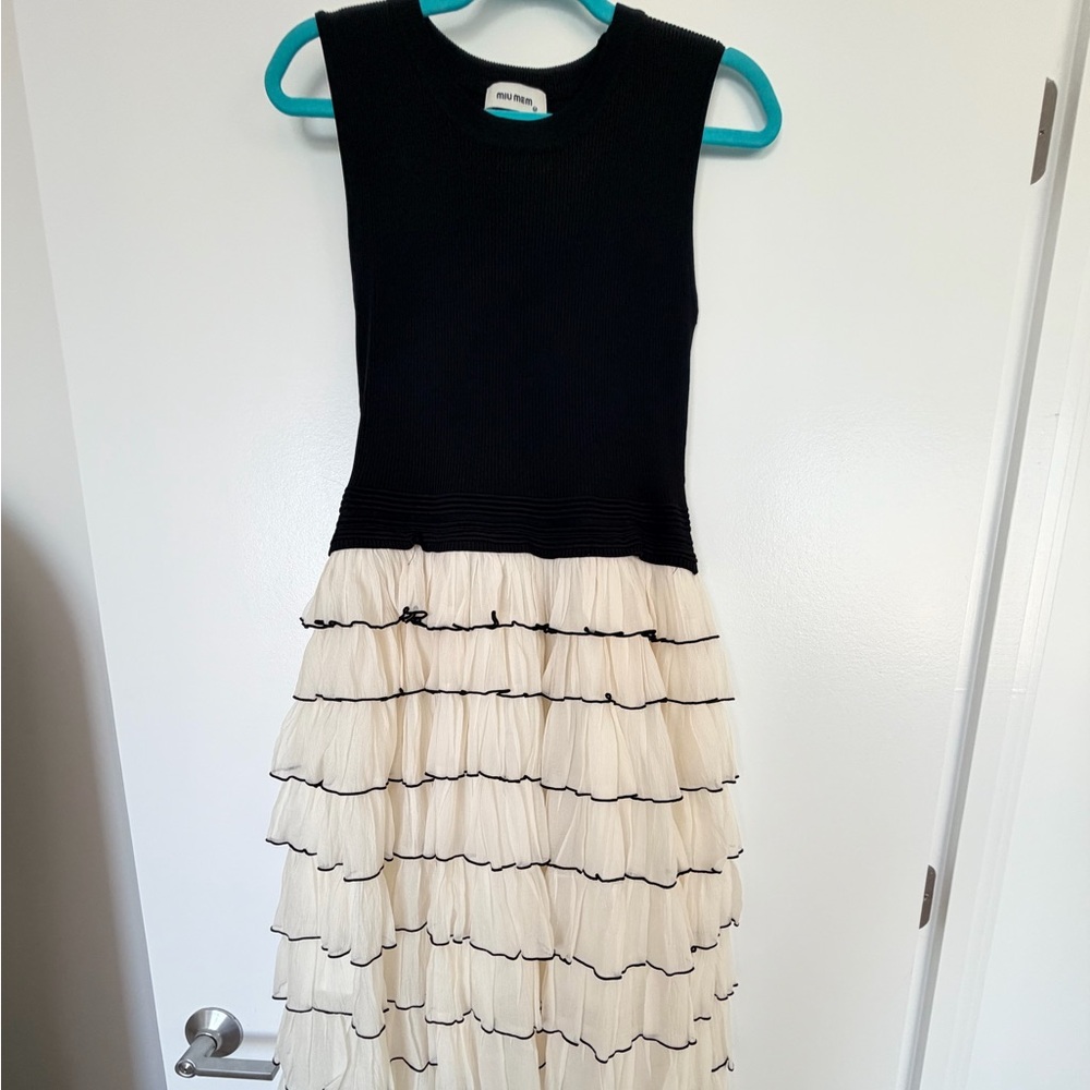 Elegant Black and Cream Tiered Midi Dress